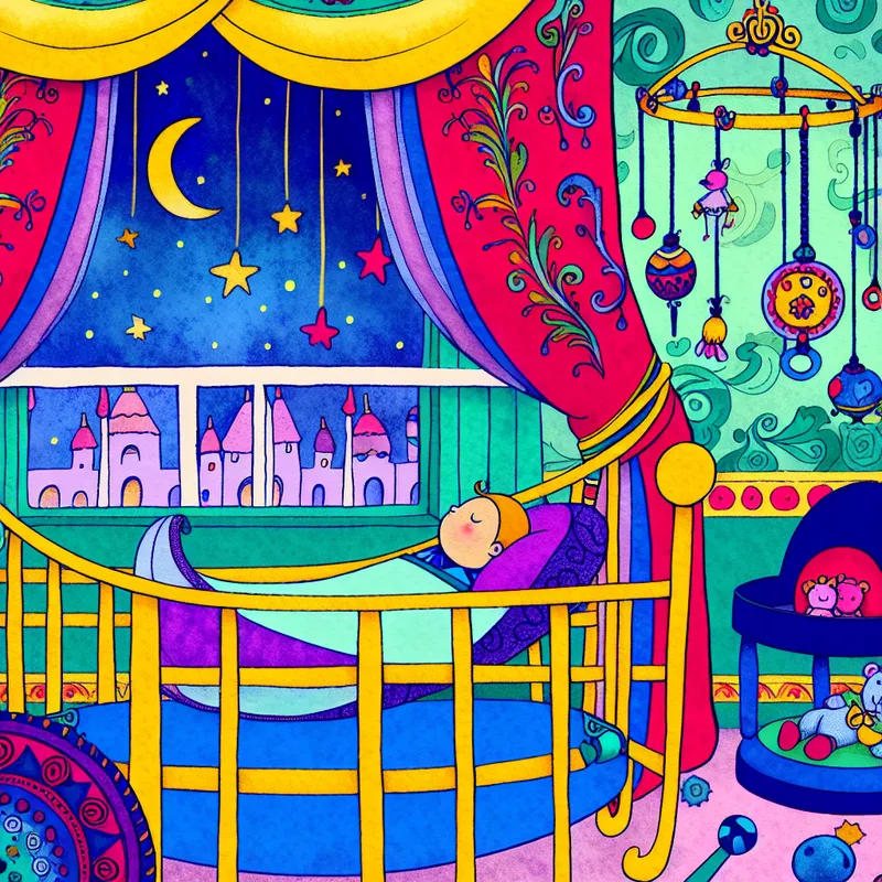 Een schattige cartoonillustratie van een slapende baby in een wieg, omringd door speelgoed en pastelkleuren.