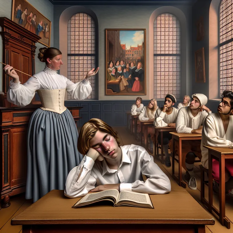 Een slapende student in een klaslokaal met een presentatie, gefocuste medestudenten en een gepassioneerde leraar.