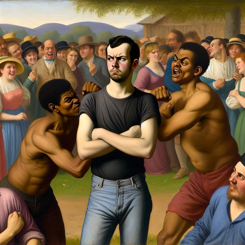 Een jongeman met gekruiste armen en een boos gezicht staat in een park, terwijl hij de vriendelijke gebaren van zijn vrienden negeert en hen teleurgesteld laat voelen.