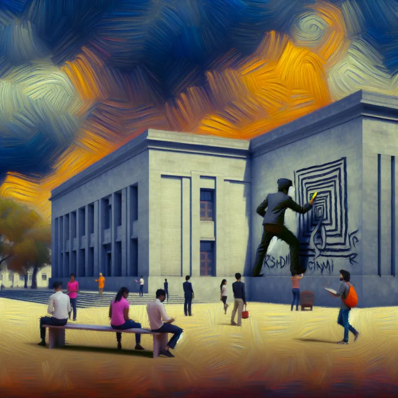 Een student die op rebellieuze wijze graffiti op een schoolgebouw tekent te midden van andere studenten die afkeurend kijken