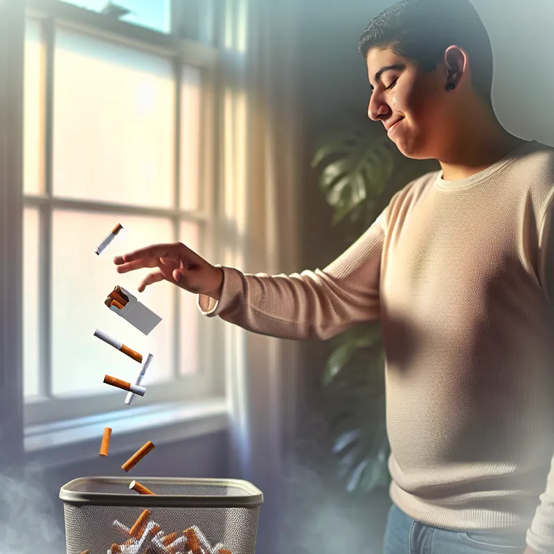 Een jonge volwassene gooit opgelucht een verfrommeld sigarettenpakje in een prullenbak in een zonovergoten kamer.