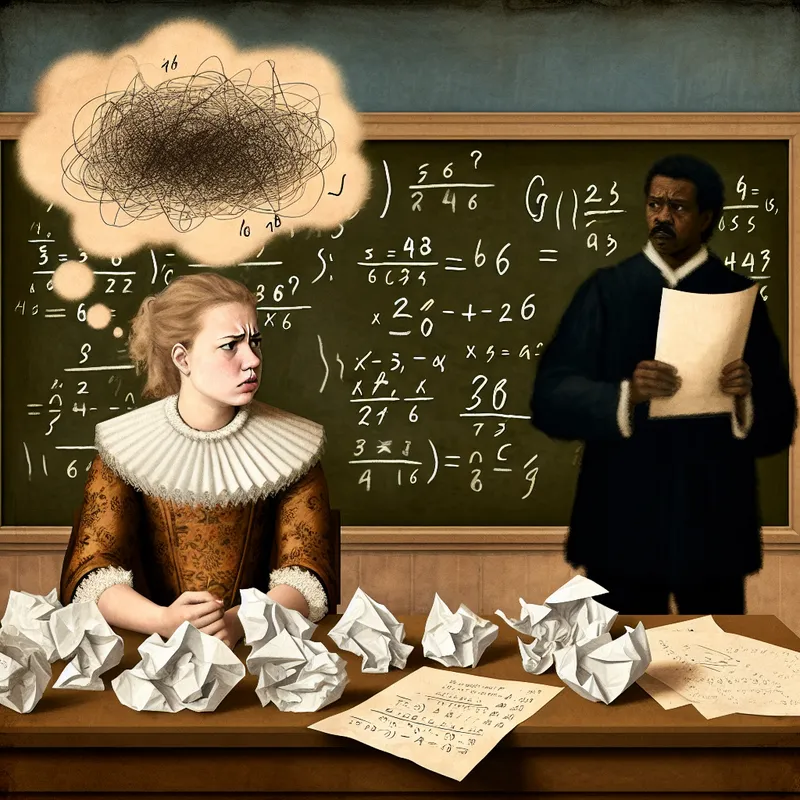 Jonge student met gefrustreerde blik in een klaslokaal, omringd door verfrommelde wiskundepapieren en een verwarde gedachtewolk met cijfers en symbolen, terwijl de leraar bezorgd toekijkt