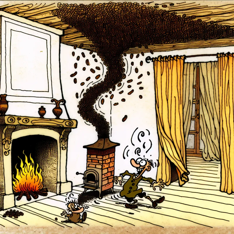 Cartoonachtige woonkamer met open haard waar rook terug de kamer in waait door slechte trek in de schoorsteen, met zichtbare luchtstroom en dansende gordijnen