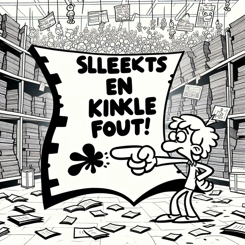 Een cartoonfiguur kijkt verwonderd naar een groot bord met de tekst 'Slechts een kleine fout', terwijl hij naar een kleine inktvlek op een vel papier wijst.