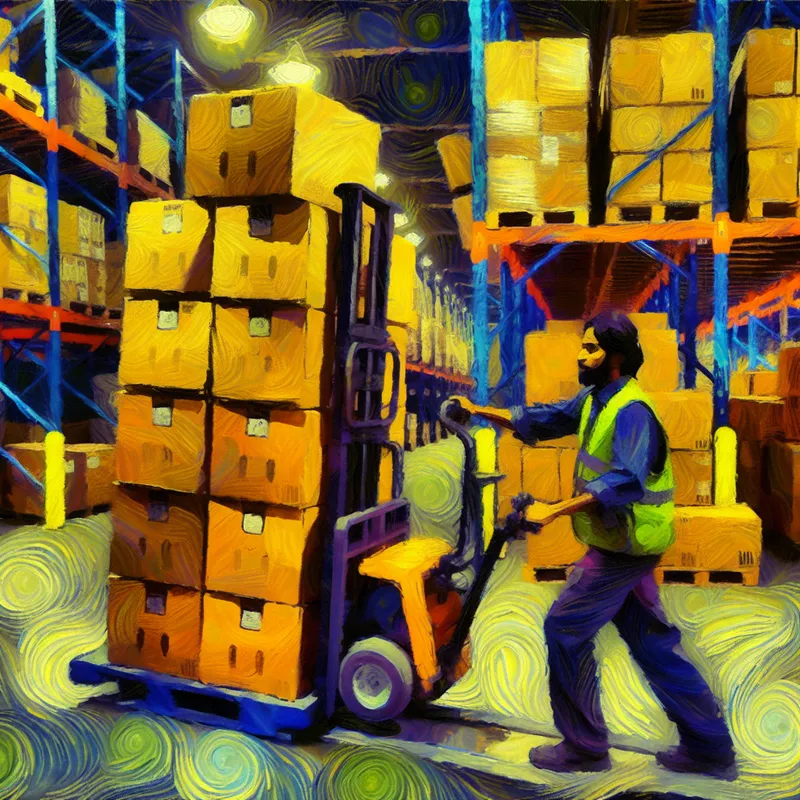 Magazijnmedewerker gebruikt een stevig sleetje met twee wielen om zware kartonnen dozen te vervoeren in een Van Gogh-achtige stijl
