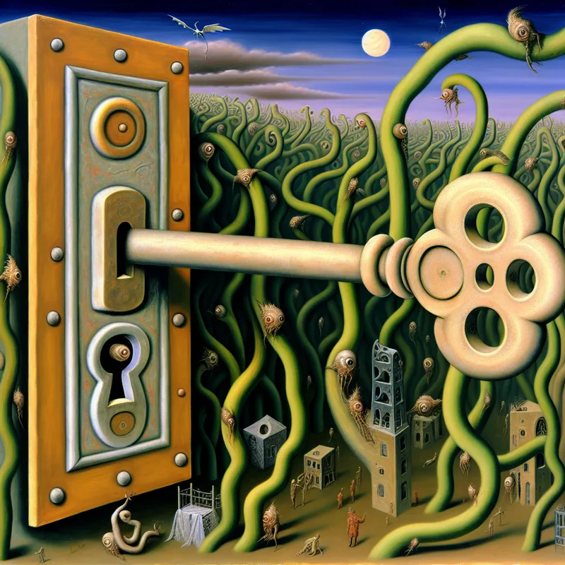 Een grote, intricaat ontworpen sleutel vast in een massieve, versierde slot, omgeven door kronkelige klimop en vreemde, fantasieachtige wezens.