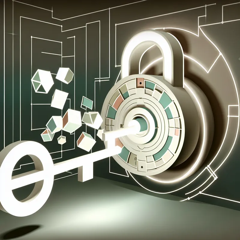 Retro-futuristische illustratie van een gloeiende sleutel in een groot slot, waarbij abstracte puzzelstukken oplossen in duidelijke patronen als symbool voor het vinden van een oplossing of begrip