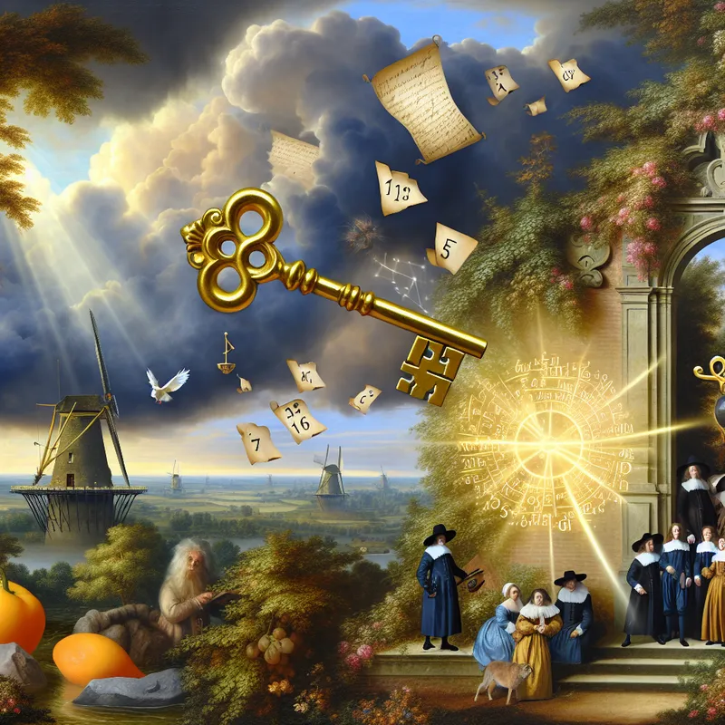 17e-eeuws Nederlands landschap met een magische sleutel die een wiskundeopgave oplost, omringd door studenten in historische kleding