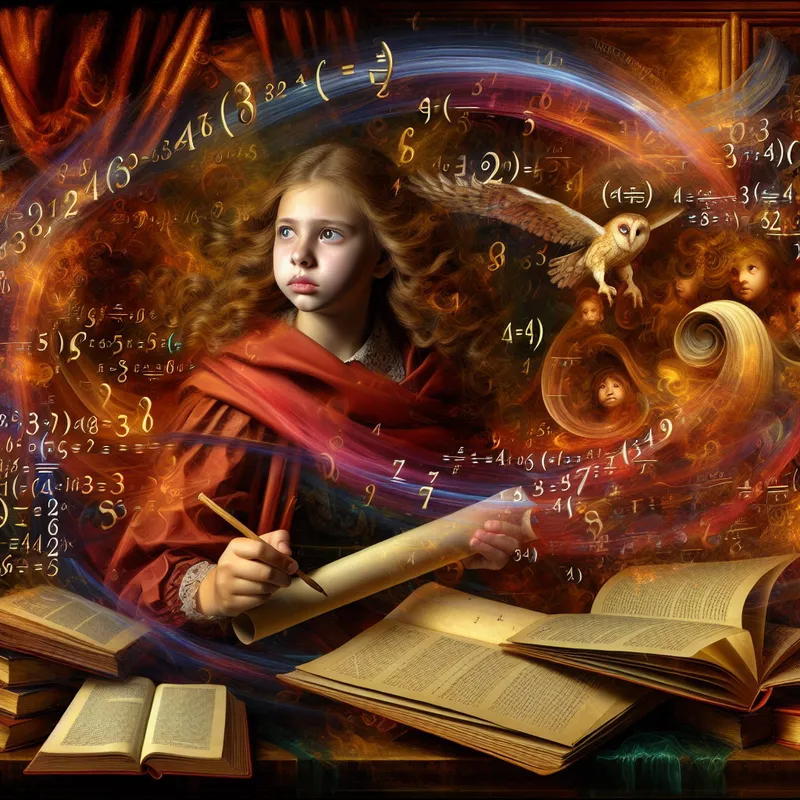 Jong meisje met een slimme, gefocuste blik lost een wiskundig probleem op een schoolbord op, omringd door boeken en symbolen van wijsheid in een dynamische barokstijl