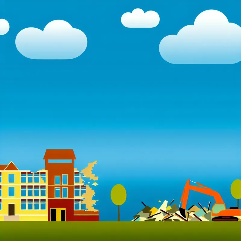 Minimalistische illustratie van een oud schoolgebouw dat wordt gesloopt met heldere kleuren en cartoonachtige stijl.