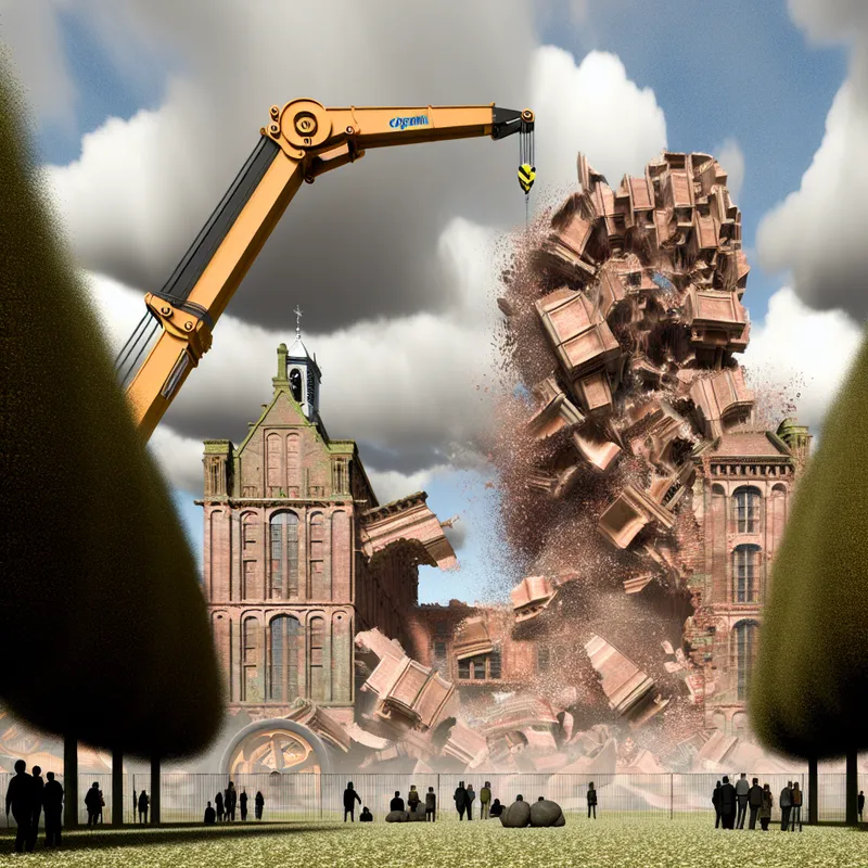 Oud schoolgebouw dat wordt gesloopt door een grote kraan, met mensen die toekijken en een dramatische lucht op de achtergrond.