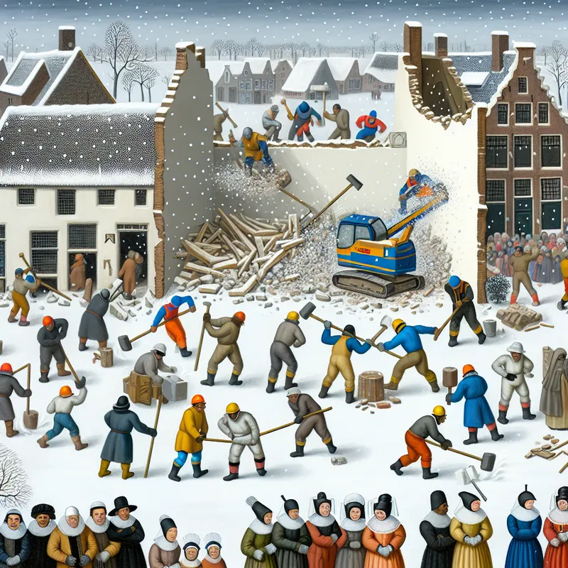 Animated winter landscape showing workers demolishing old walls with machinery, with snow falling and onlookers in the background.
