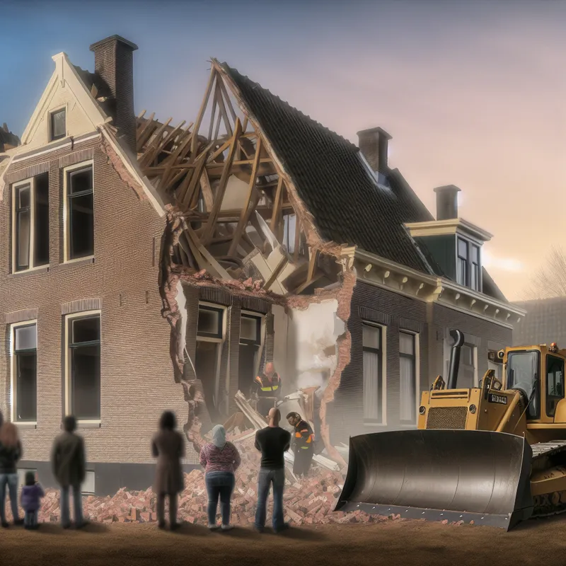 Een bulldozer breekt een oud huis af met puin eromheen, terwijl de lichteffecten een atmosfeer van verandering creëren.