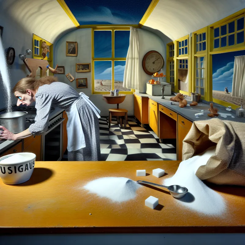 Hyperrealistisch surrealistisch tafereel van een chaotische keuken waar een vrouw slordig kookt met verwisselde ingrediënten en rommel op het aanrecht