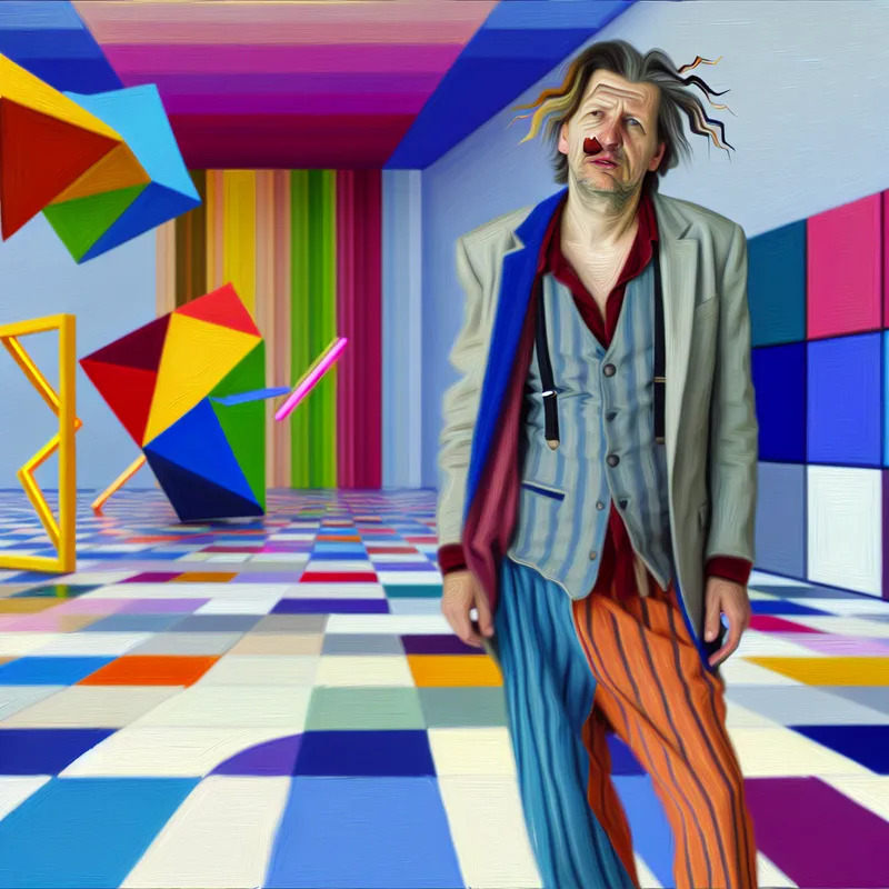 Slordig uitziende persoon in een retro-futuristische party omgeving met felle kleuren