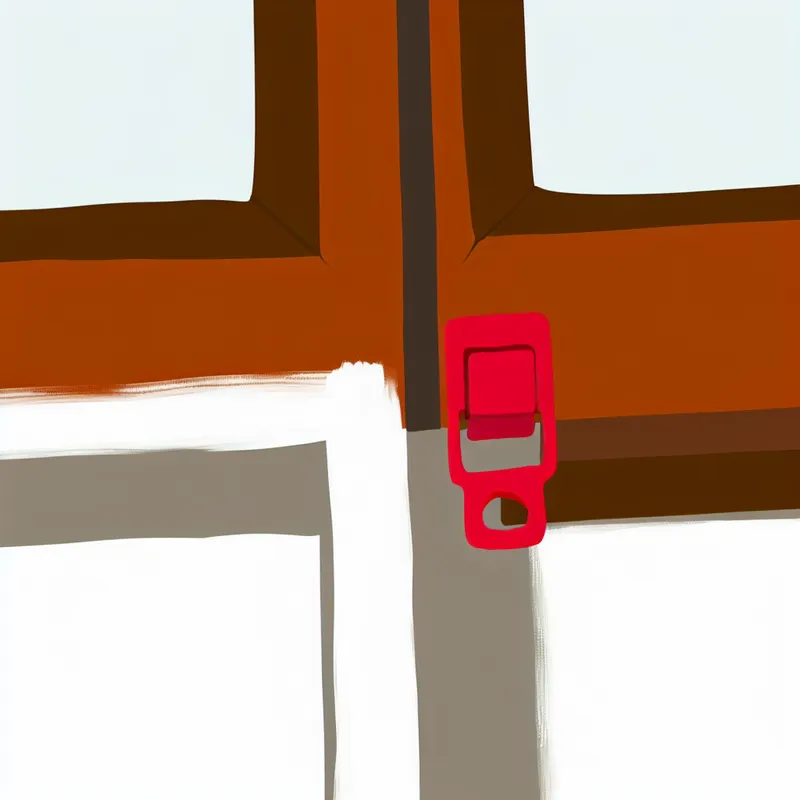 Minimalistische illustratie van een houten raamkozijn met een felrode schuiver die vastzit in verse witte verf, symboliserend een sluiting