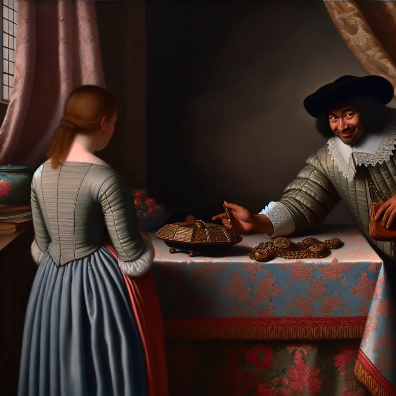 17e-eeuws Nederlands interieur met sluwe verkoper en argwanende klant, schilderij in stijl van Gerard ter Borch