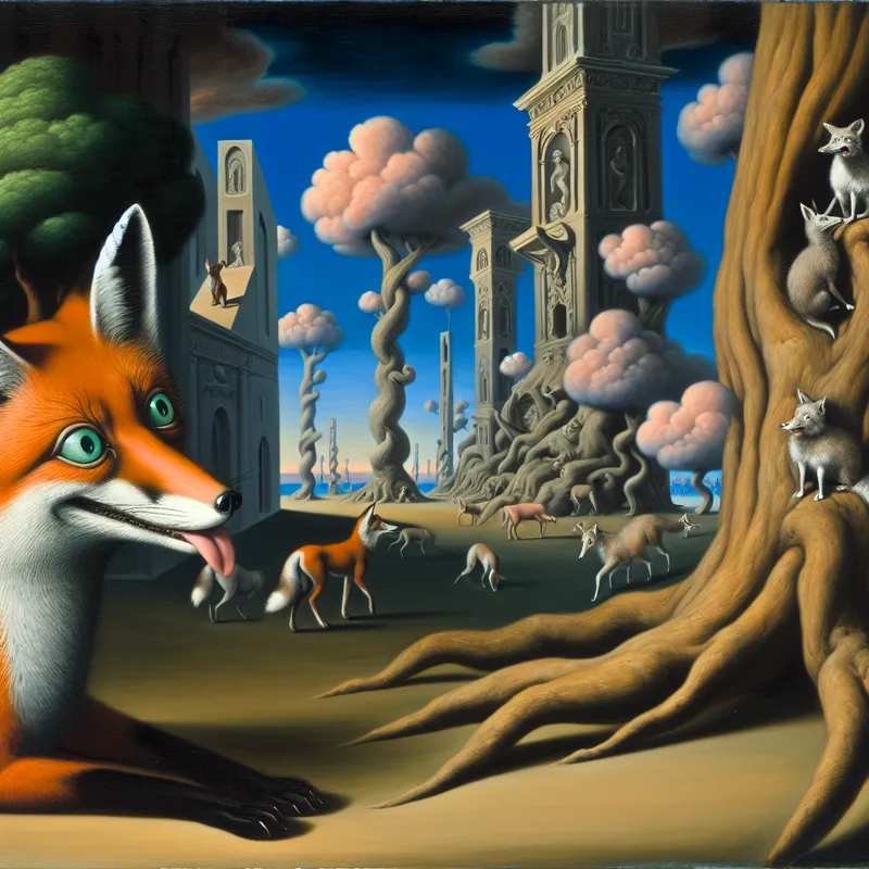 Een sluwe vos in een surrealistisch landschap, met andere dieren die verwonderd toekijken.