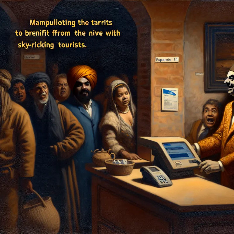 Een sluwe hotelmanager manipuleert de kamerprijzen achter de receptie, terwijl verblufte gasten de hoge prijsstellingen bekijken.