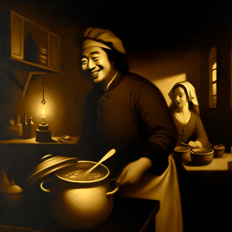 Chef in een keuken presenteert trotse dampende soep.