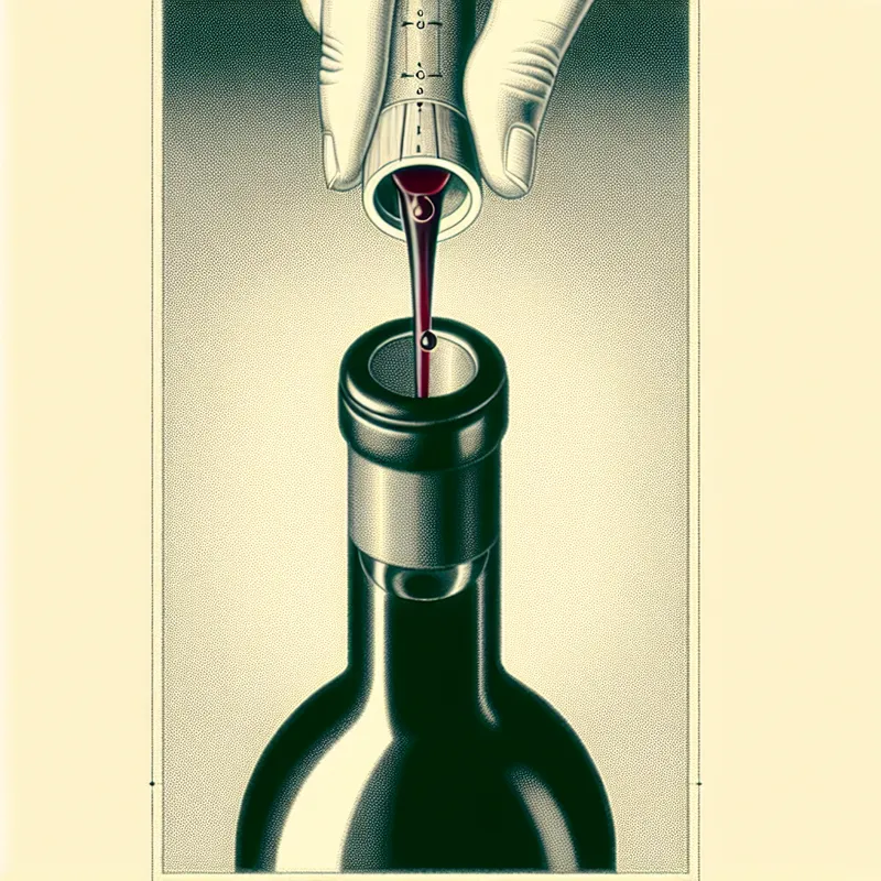 Illustratie van een hand die zorgvuldig rode wijn giet in de smalle hals van een retro-futuristische wijnfles, met zichtbare wijn druppels in de lucht