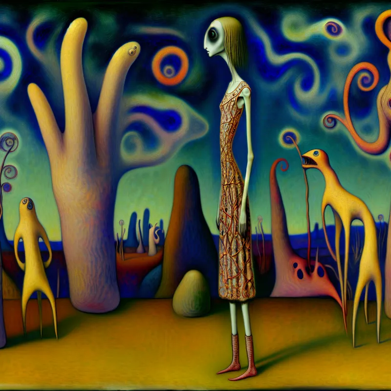 Een smalle jongen staat in een surrealistisch landschap, met een gedetailleerde jurk en bizarre wezens om haar heen.