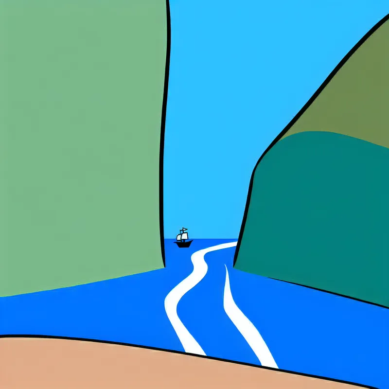 Minimalistische illustratie van een smalle zeedoorgang tussen twee landmassa's, met een klein schip dat door de zeestraat vaart, in de stijl van Dick Bruna