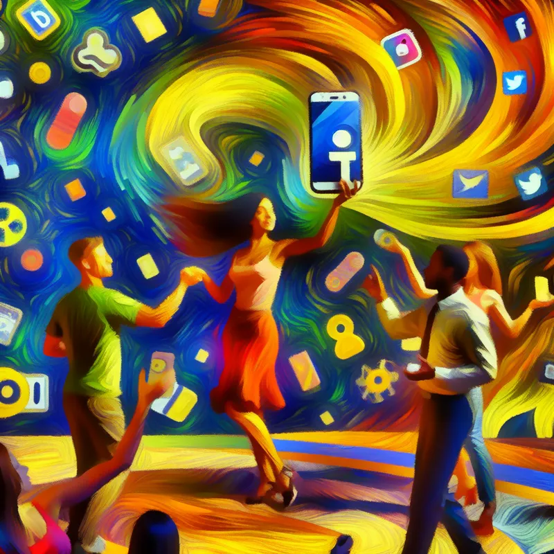 Abstract expressionistische illustratie van twee mensen die een nieuwe smartphone promoten in een levendige en chaotische omgeving met kleurrijke advertenties.