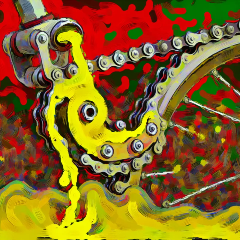 Abstracte voorstelling van een fietsketting die wordt gesmeerd met felgeel smeermiddel in de expressieve stijl van Karel Appel