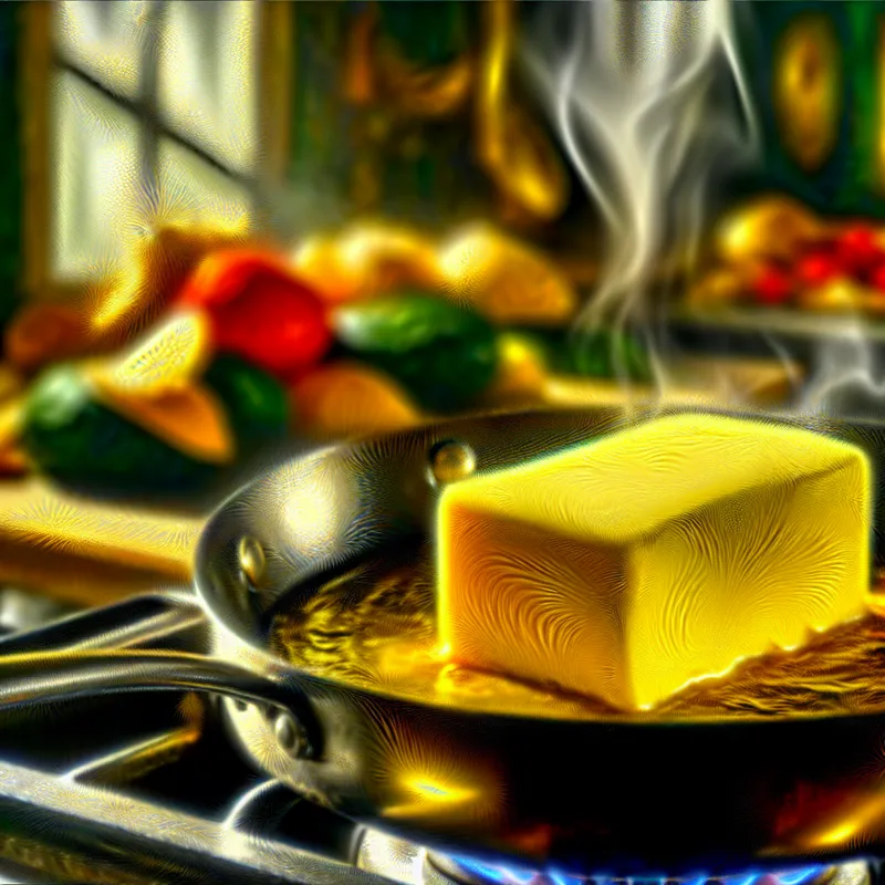 Close-up van een glanzende pan op een fornuis met smeltende boter, omringd door onscherpe, kleurrijke groenten op de achtergrond.