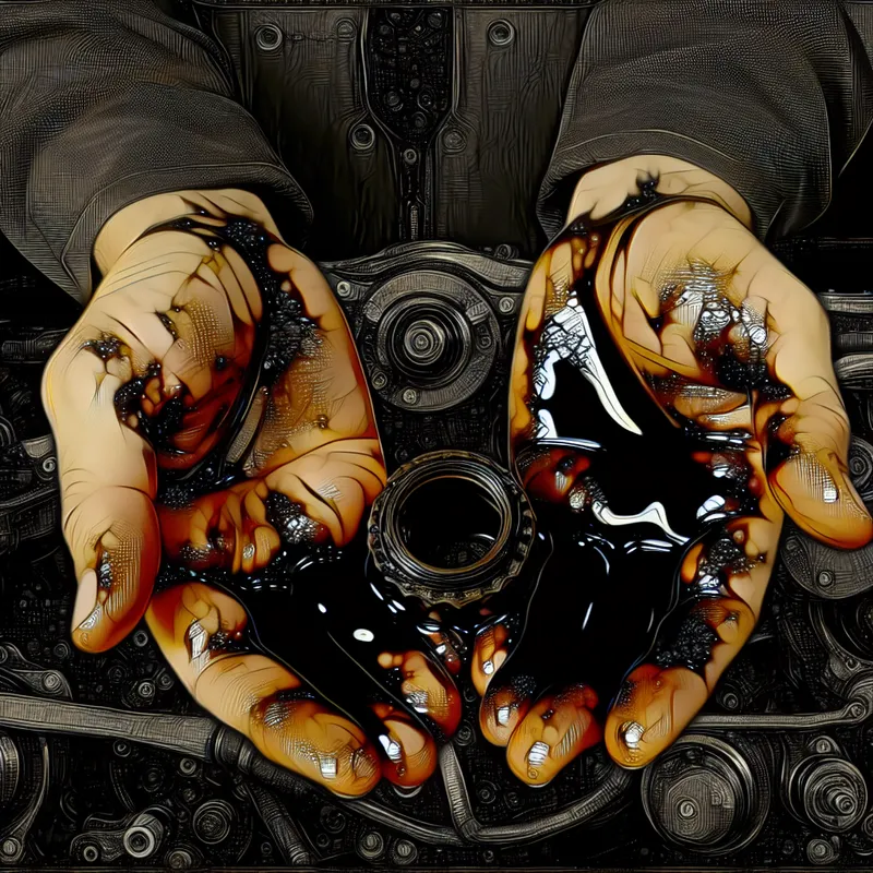 Close-up van vieze, glanzende handen bedekt met dikke motorolie na het werken aan een motor, donker symbolische illustratie in de stijl van Félicien Rops