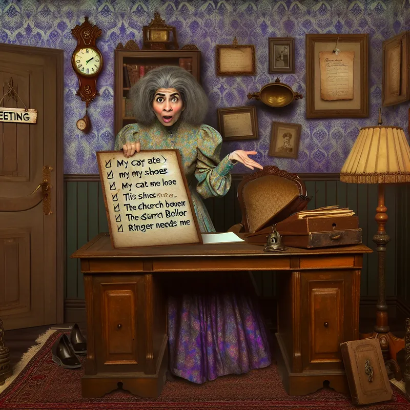 Persoon aan een nostalgisch bureau met een lijst absurde smoezen om een vergadering te vermijden, in sprookjesachtige vintage stijl