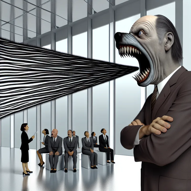 Surrealistische kantoorscène met boze baas die streng commandeert tegen angstige werknemers, illustratie van het woord 'snauwen'