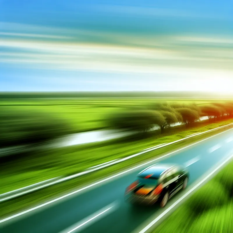 Een auto die snel over een zonverlichte snelweg rijdt, omringd door vredige heuvels.