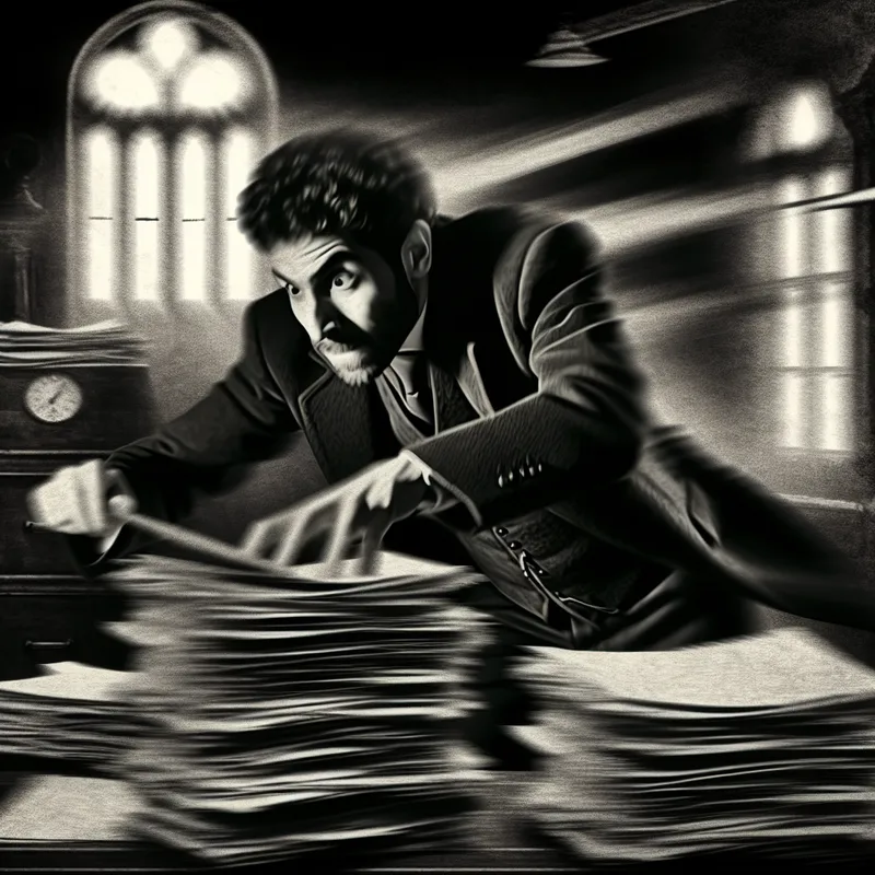 Man bladert snel door documenten in een duistere gotische kantooromgeving