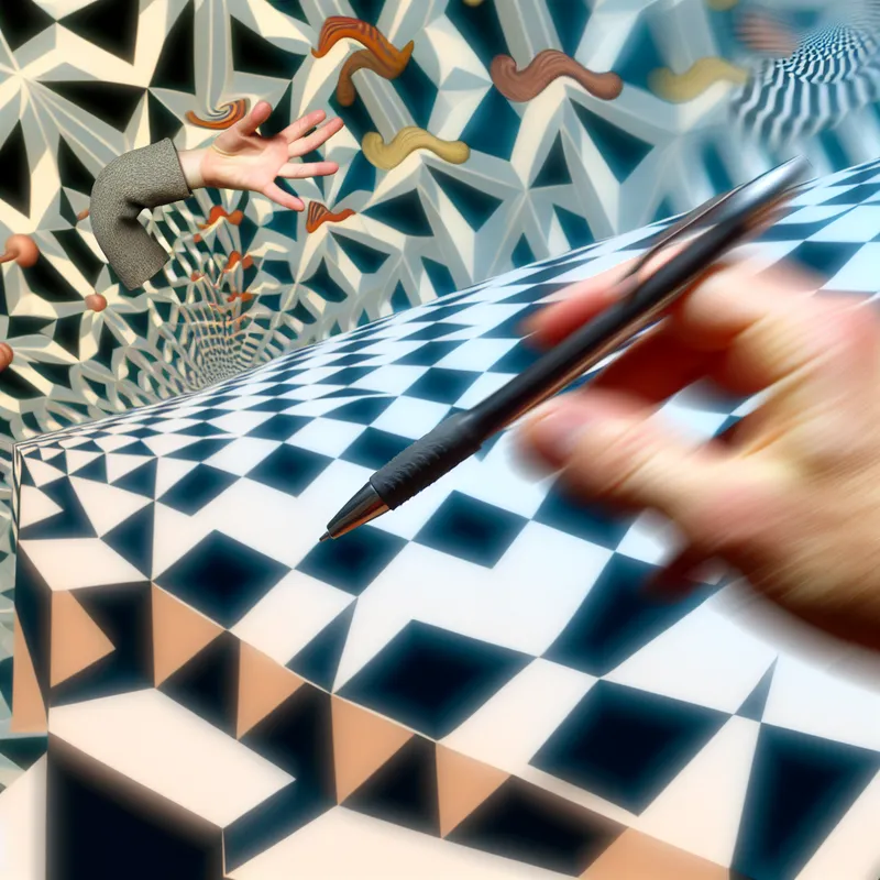 Een persoon reikt snel naar een pen op een chaotische tafel met geometrische illusies in de stijl van M.C. Escher.