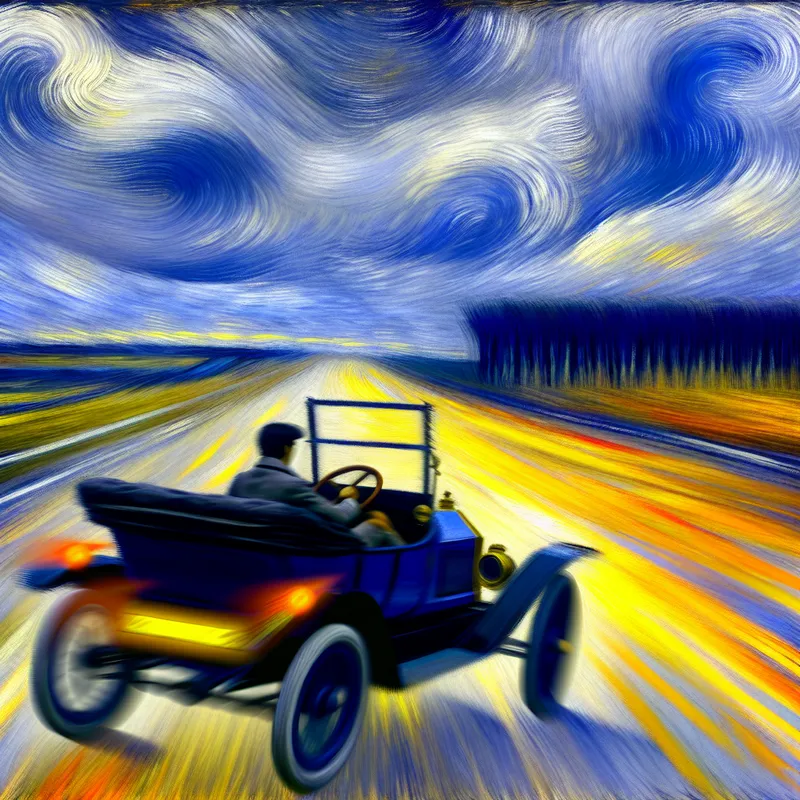 Dynamische schildering in Van Gogh-stijl van een persoon die met hoge snelheid op de snelweg rijdt, met wervelende penseelstreken en levendige kleuren die beweging en urgentie uitbeelden