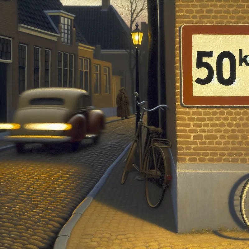 Snelheidslimietbord van 50 km/u in een rustige Nederlandse straat bij schemering met een fiets en een langzaam rijdende auto
