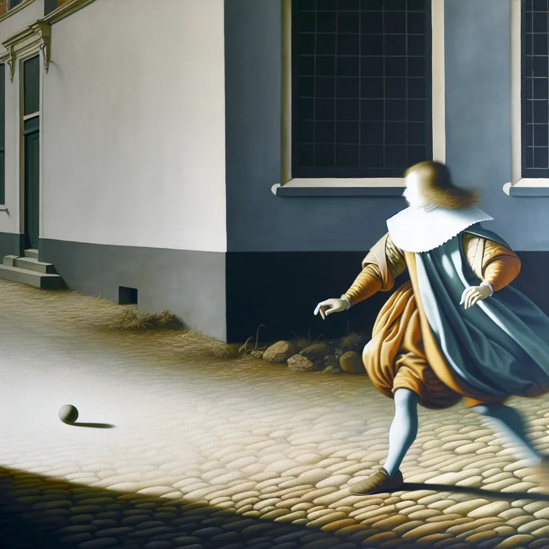 17e-eeuws Nederlands kind in historische kleding rent over kinderhoofdjes om een rollende bal te vangen, met wazige bewegingseffecten voor snelheid