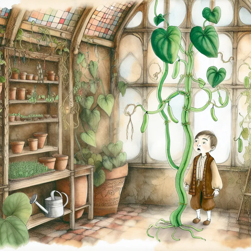 Jongen kijkt vol verbazing naar een reusachtige bonenplant in een nostalgische kas, illustratie in sprookjesstijl van Anton Pieck