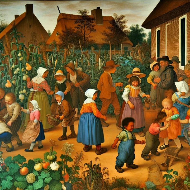 Levendige Nederlandse tuinscène met spelende kinderen en snelgroeiende planten, geïnspireerd op Jan Steen, die snelle groei bij kinderen en natuur illustreert