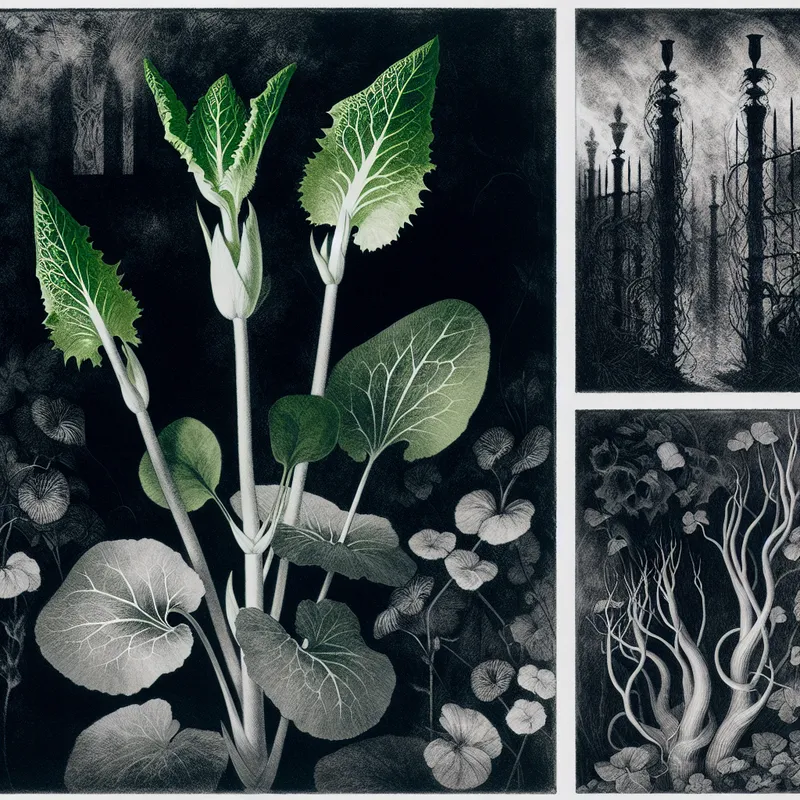 Donkere, symbolische tuinscène met snel groeiende jonge slaplanten in een mysterieuze, gotische tuin, geïnspireerd op Félicien Rops