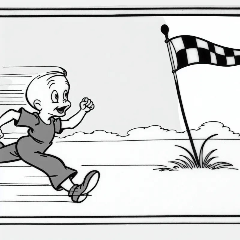 Cartoon van jongen rennend naar finish met wazige benen