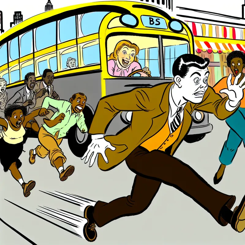 Cartoonachtige straatscène met een persoon die in volle vaart naar een vertrekkende bus rent, omringd door levendige details zoals kinderen die naar een ijscowagen rennen