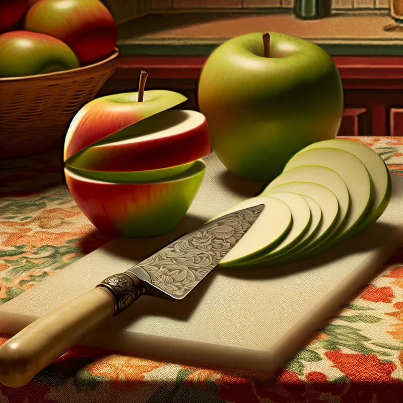 Een fijn schikking van een appel die in stukken is gesneden, met een vintage mes en een gedekte tafel op de achtergrond.