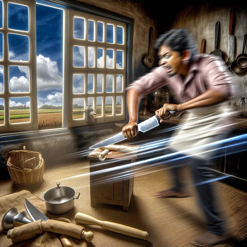 Een persoon snijdt snel door een pakket met een mes in een rustieke keuken, met focus op de beweging en precisie.