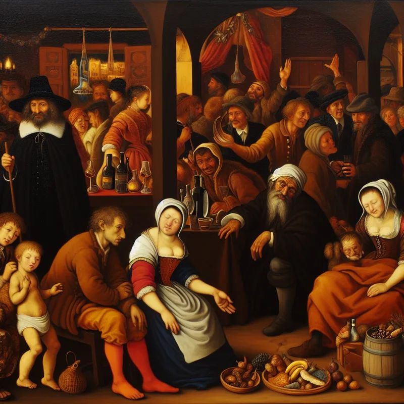 17e-eeuws Nederlands markttafereel met rijke koopman en arme familie, sociale ongelijkheid benadrukkend in warme aardetinten