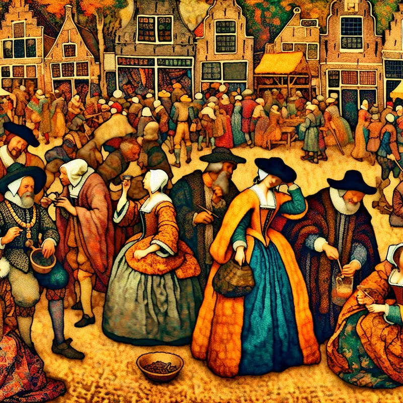 Drukke Nederlandse Gouden Eeuw-festivaltafereel van Jan Steen met mensen uit verschillende sociale klassen die samen feesten en converseren