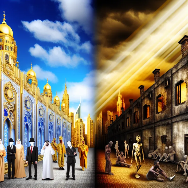 Surrealistisch schilderij van een verdeelde stad met een onzichtbare muur, illustrerend sociale ongelijkheid en systeemkritiek