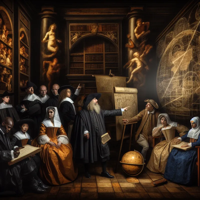 Scholieren in 17e-eeuwse kledij bestuderen sociale wetenschappen in een sfeervolle bibliotheek met oude kaarten en een globe, geschilderd in Rembrandt-stijl met dramatisch clair-obscur